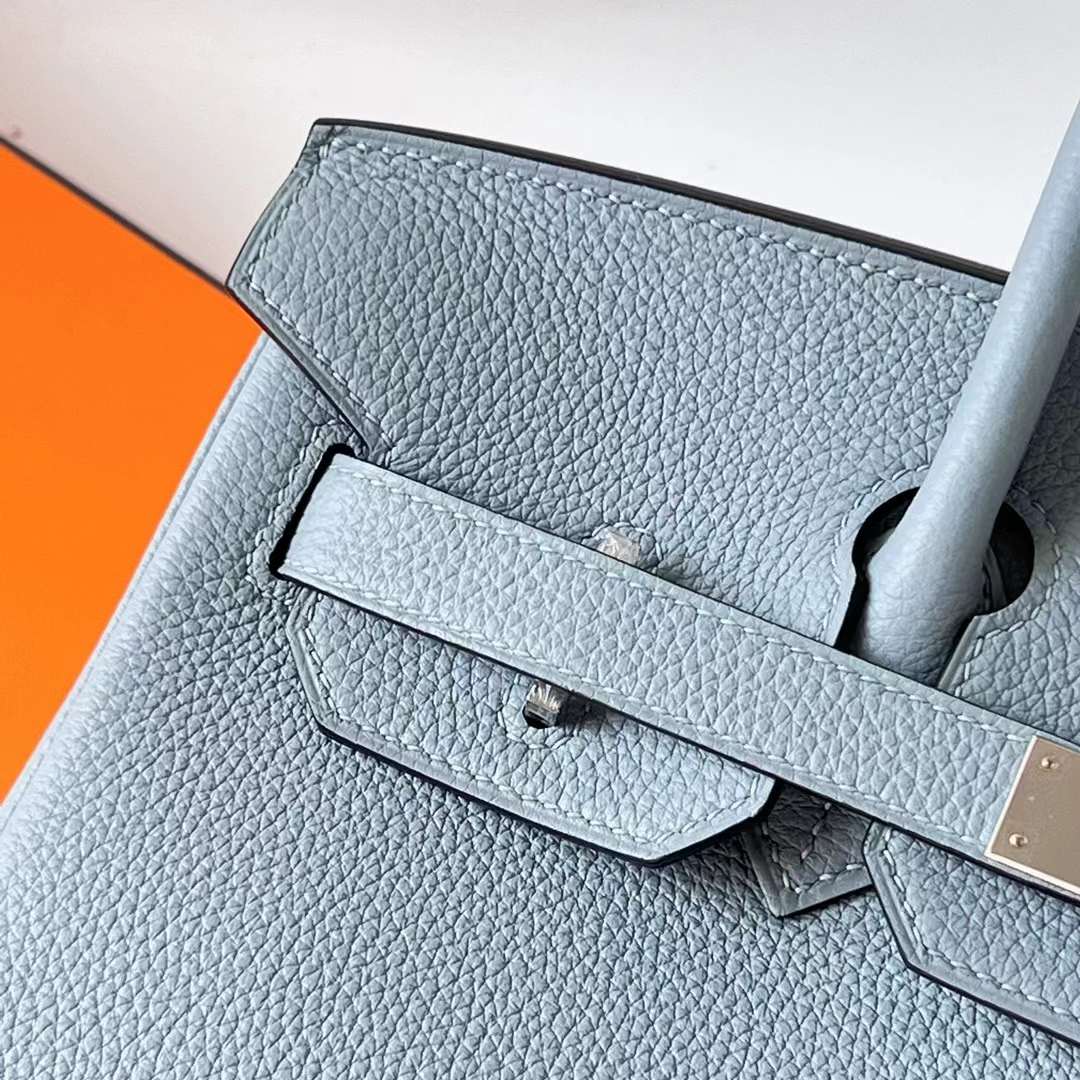 Hermès（爱马仕）Birkin 铂金包 Togo J7 亚麻蓝 内拼 D0 威马犬米色 银扣 30cm 全手工蜡线缝 Phw