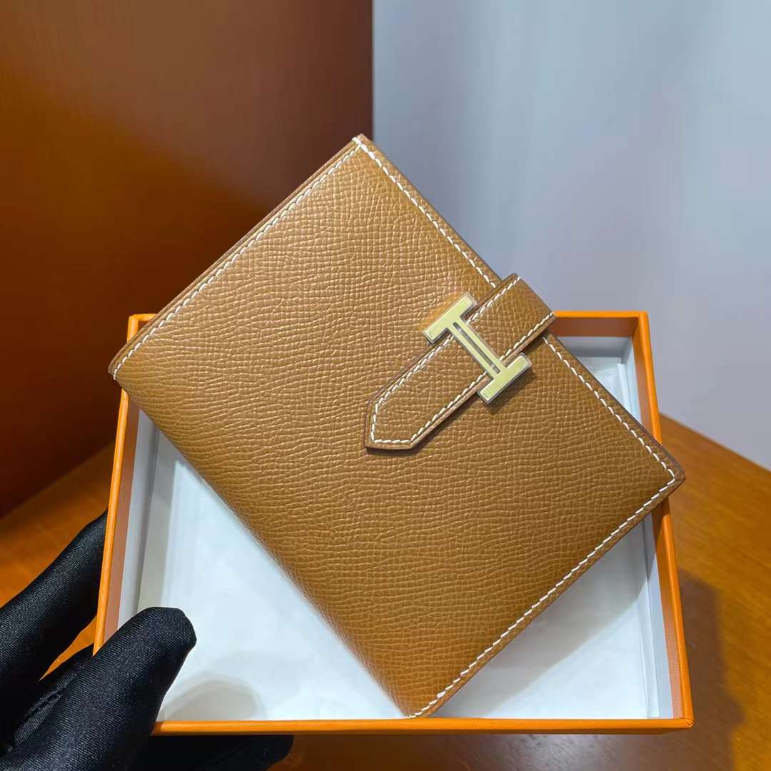 Hermès（爱马仕）Bearn 小H 短款钱包 Epsom Ck37 金棕色 金扣 全手工蜡线缝制