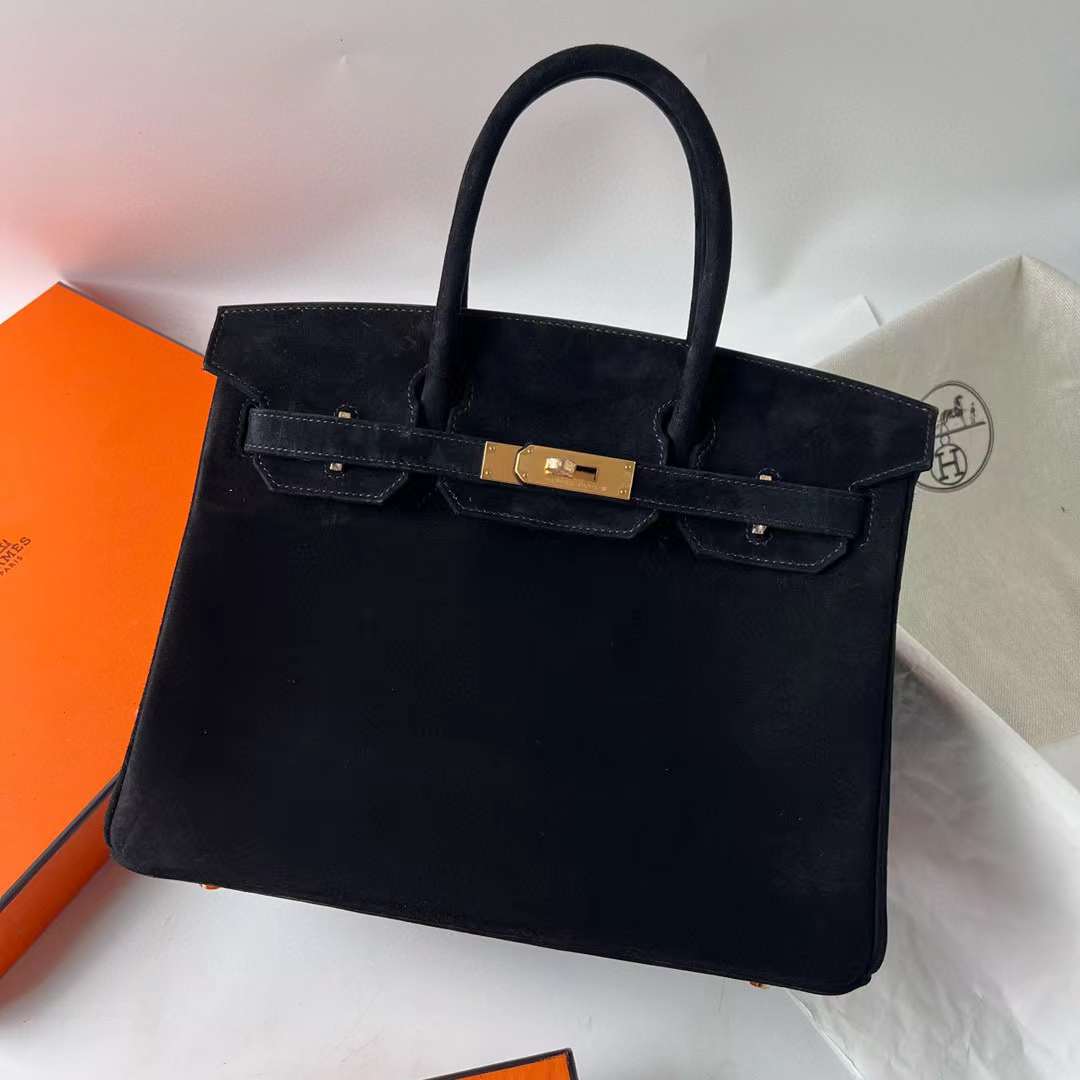 Hermès（爱马仕）Birkin 铂金包 Suede 进口麂皮 Ck89 黑色 金扣 30cm 全手工蜡线缝 Ghw