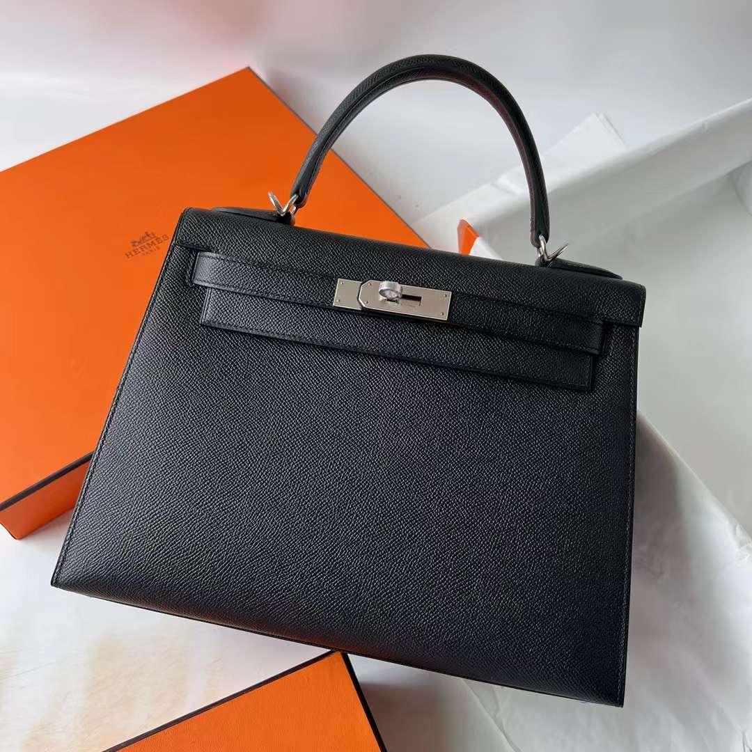 Hermès（爱马仕）Kelly 凯莉包 Epsom Ck89 黑色 Noir 银扣 28cm 全手工蜡线缝 Phw