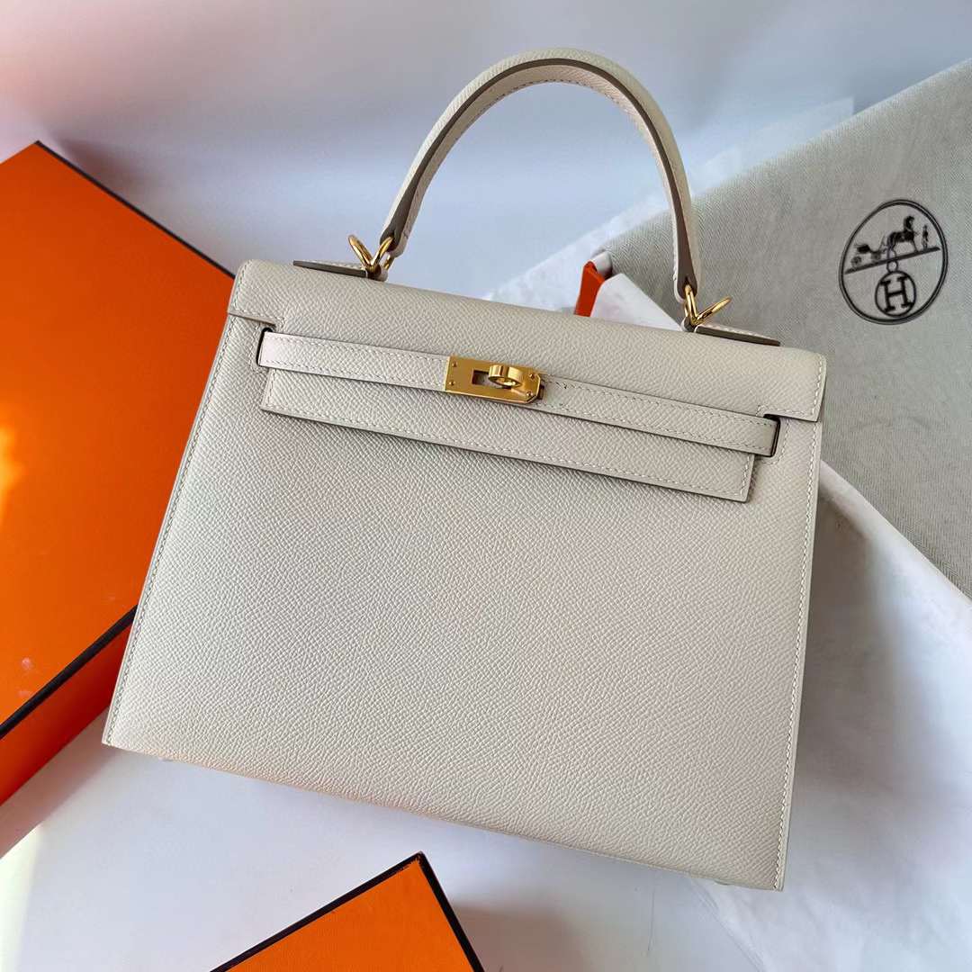 Hermès（爱马仕）Kelly 凯莉包 Epsom Ck10 奶昔白 Craie 金扣 25cm 全手工蜡线缝 Ghw
