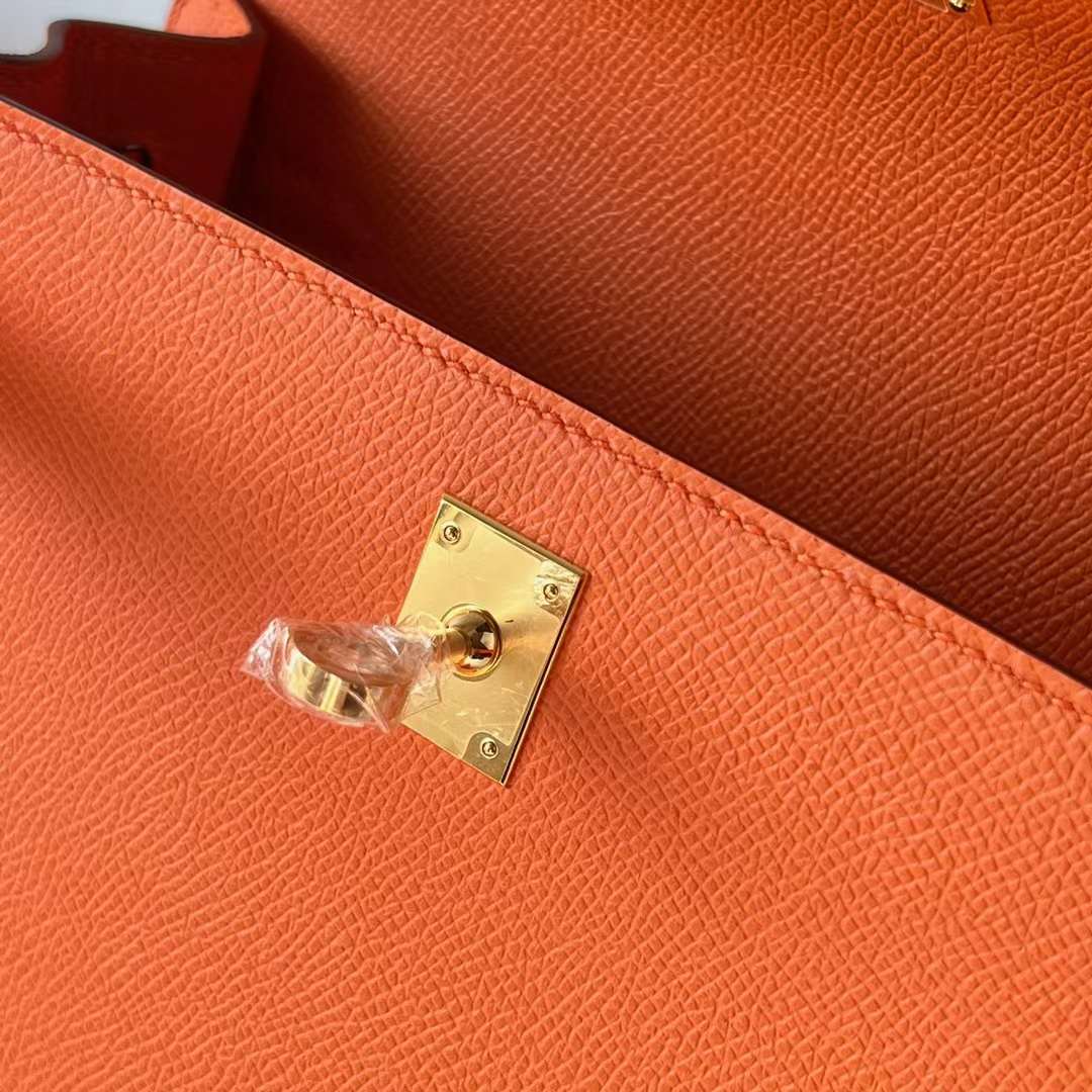 Hermès（爱马仕）Kelly 凯莉包 Epsom 进口手掌纹 Ck93 橙色 Orange 金扣 25cm 全手工蜡线缝 Ghw