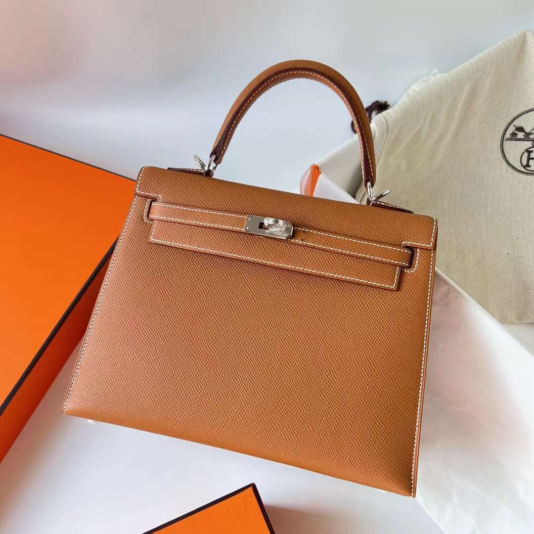 Hermès（爱马仕）Kelly 凯莉包 Epsom 进口手掌纹 Ck37 金棕色 银扣 25cm 全手工蜡线缝 Phw