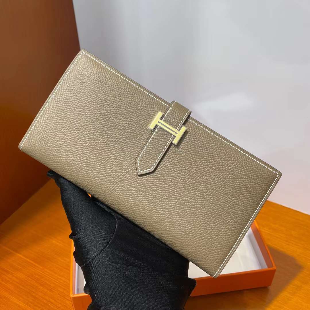 Hermès（爱马仕）Bearn 长款钱包 Epsom Ck18 大象灰 金扣 全手工蜡线缝制