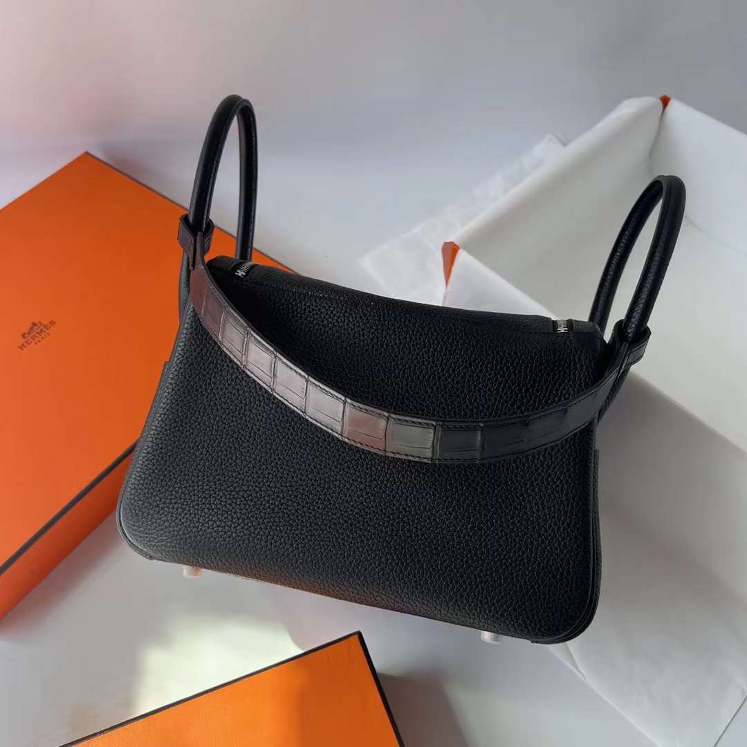 Hermès（爱马仕）Lindy 琳迪包 Touch Clemence 拼 雾面鳄鱼皮 Ck89 黑色 银扣 26cm 全手工蜡线缝制 Phw