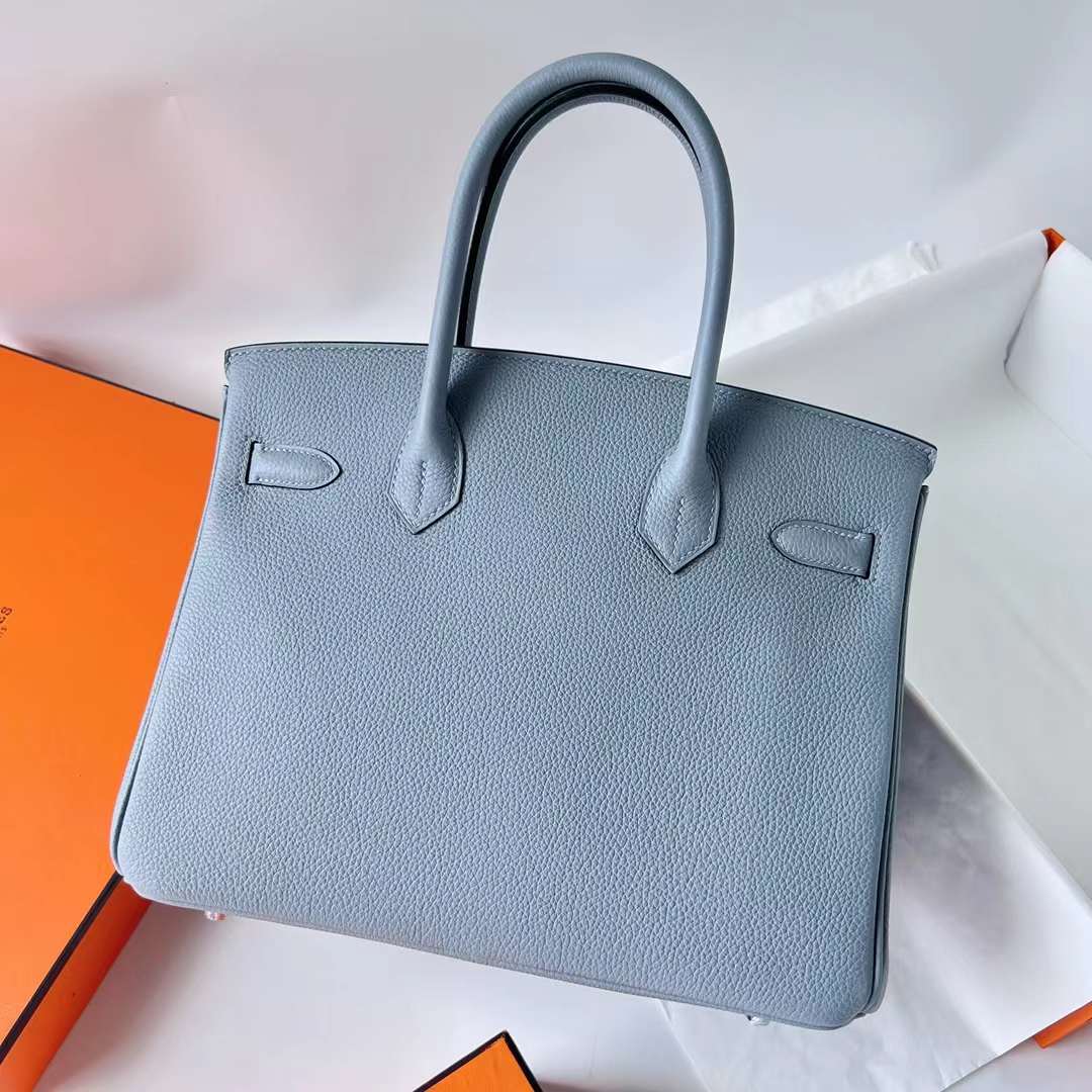 Hermès（爱马仕）Birkin 铂金包 Togo J7 亚麻蓝 内拼 D0 威马犬米色 银扣 30cm 全手工蜡线缝 Phw