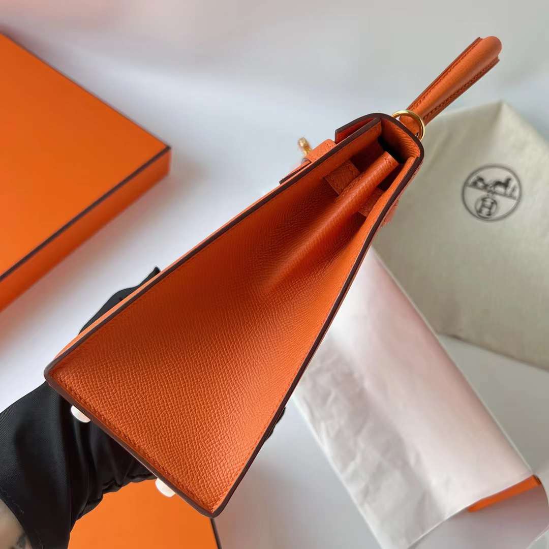 Hermès（爱马仕）Kelly 凯莉包 Epsom 进口手掌纹 Ck93 橙色 Orange 金扣 25cm 全手工蜡线缝 Ghw