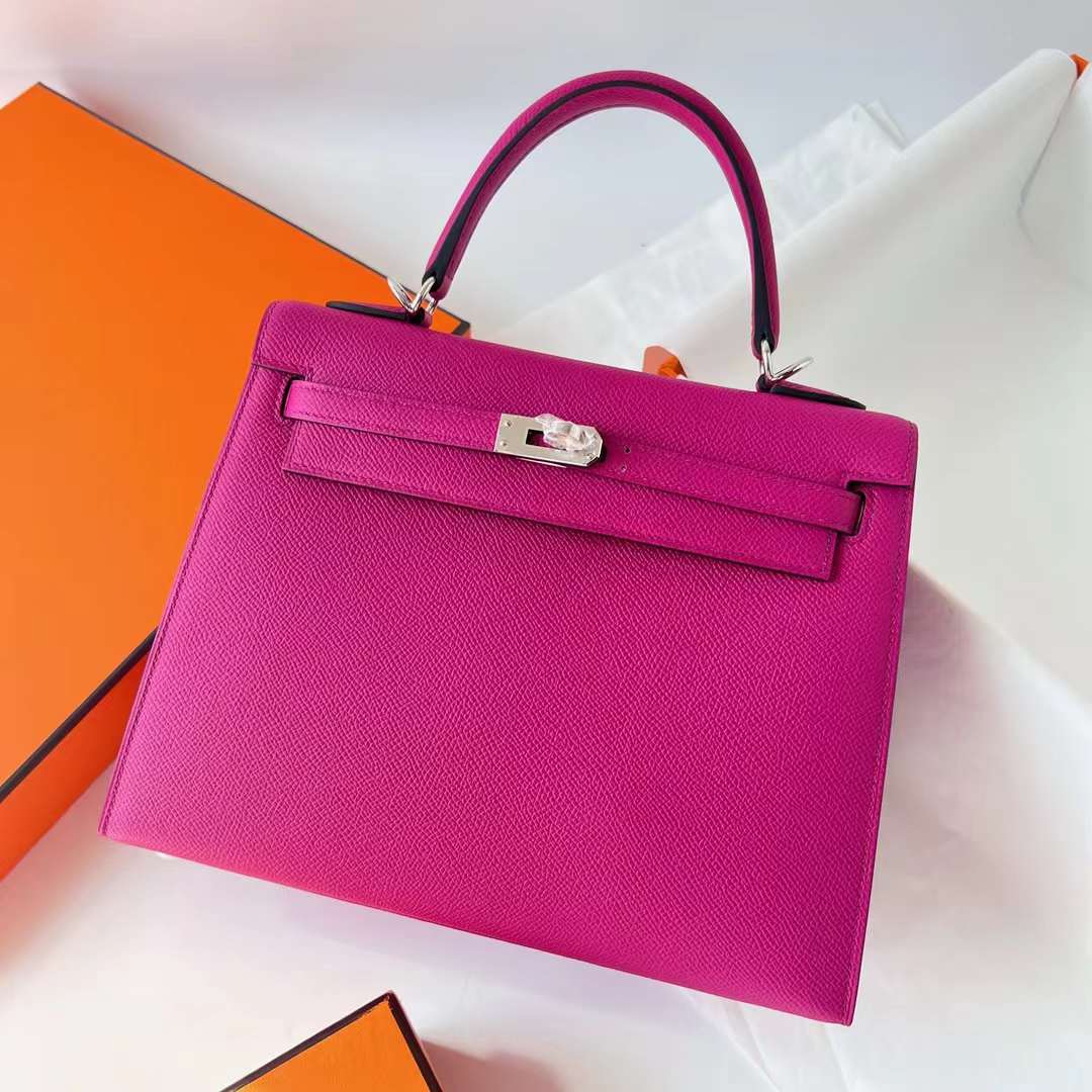 Hermès（爱马仕）Kelly 凯莉包 Epsom 进口掌纹皮 L3 玫瑰紫 银扣 25cm 全手工蜡线缝 Phw