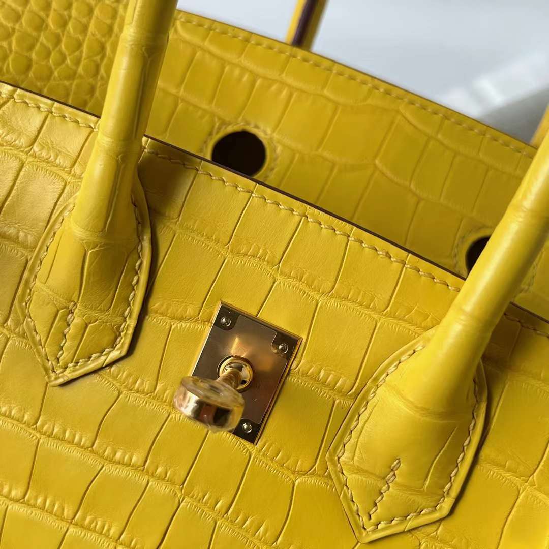 Hermès（爱马仕）Birkin 铂金包 雾面美洲鳄鱼皮 matte alligator crocodile M9 金盏花黄 金扣 25cm 全手工蜡线缝 Ghw