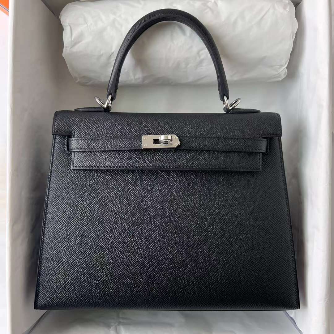 Hermès（爱马仕）Kelly 凯莉包 Epsom Ck89 黑色 银扣 25cm 全手工蜡线缝 Phw