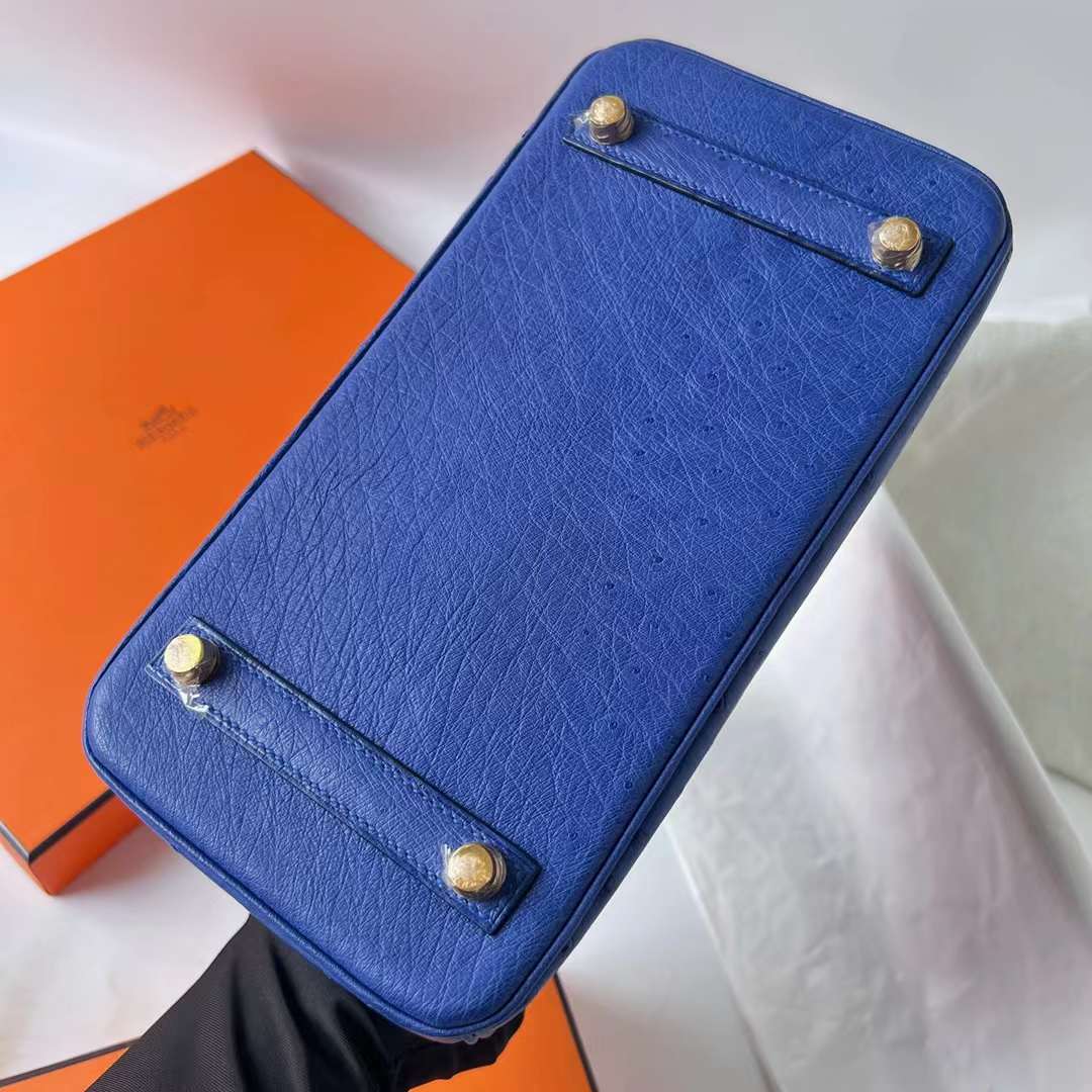 Hermès（爱马仕）Birkin 铂金包 Ostrich 进口鸵鸟皮 I7 琉璃蓝 金扣 25cm 全手工蜡线缝 Ghw