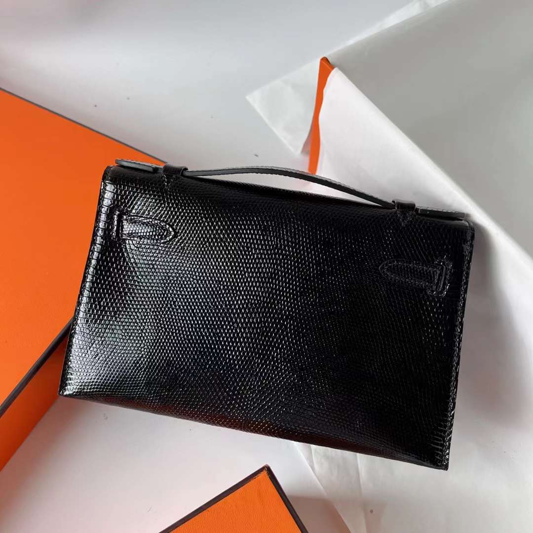 Hermès（爱马仕）Mini Kelly Pochette Lizard 进口蜥蜴皮 Ck89 黑色 Noir 银扣 22cm 全手工蜡线缝 Phw