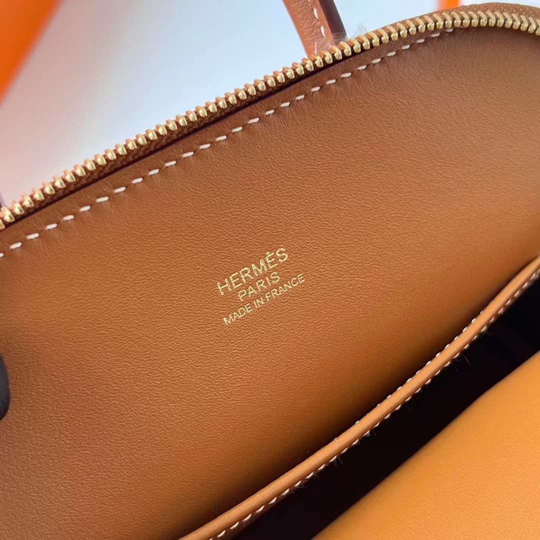 Hermès（爱马仕）Mini Bolide 迷你保龄球包 Evercolor Ck37 金棕色 金扣 19cm 全手工蜡线缝制 Ghw