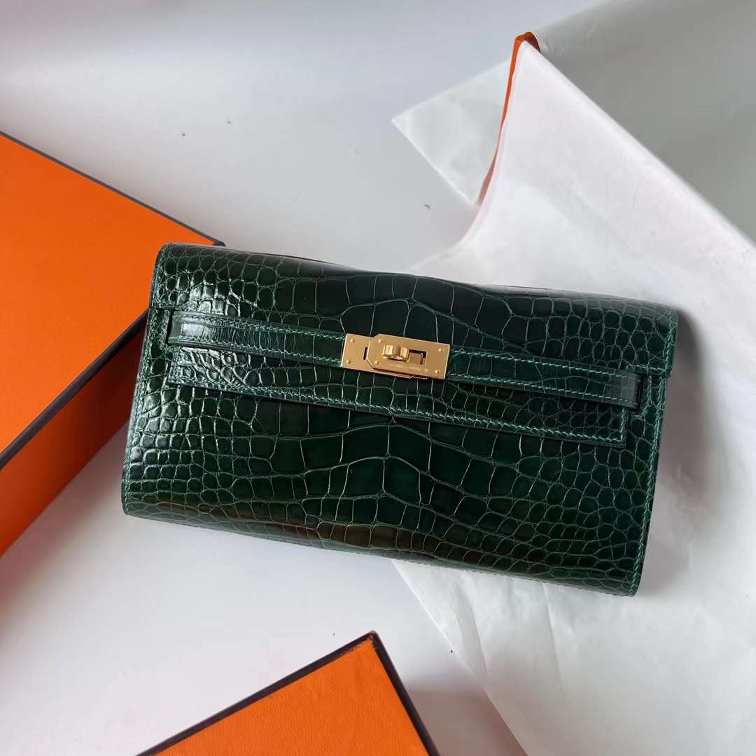 Hermès（爱马仕）Kelly to go 亮面美洲鳄鱼皮 Shiny Alligator Crocodile Ck67 祖母绿 金扣 20cm Ghw 全手工蜡线缝