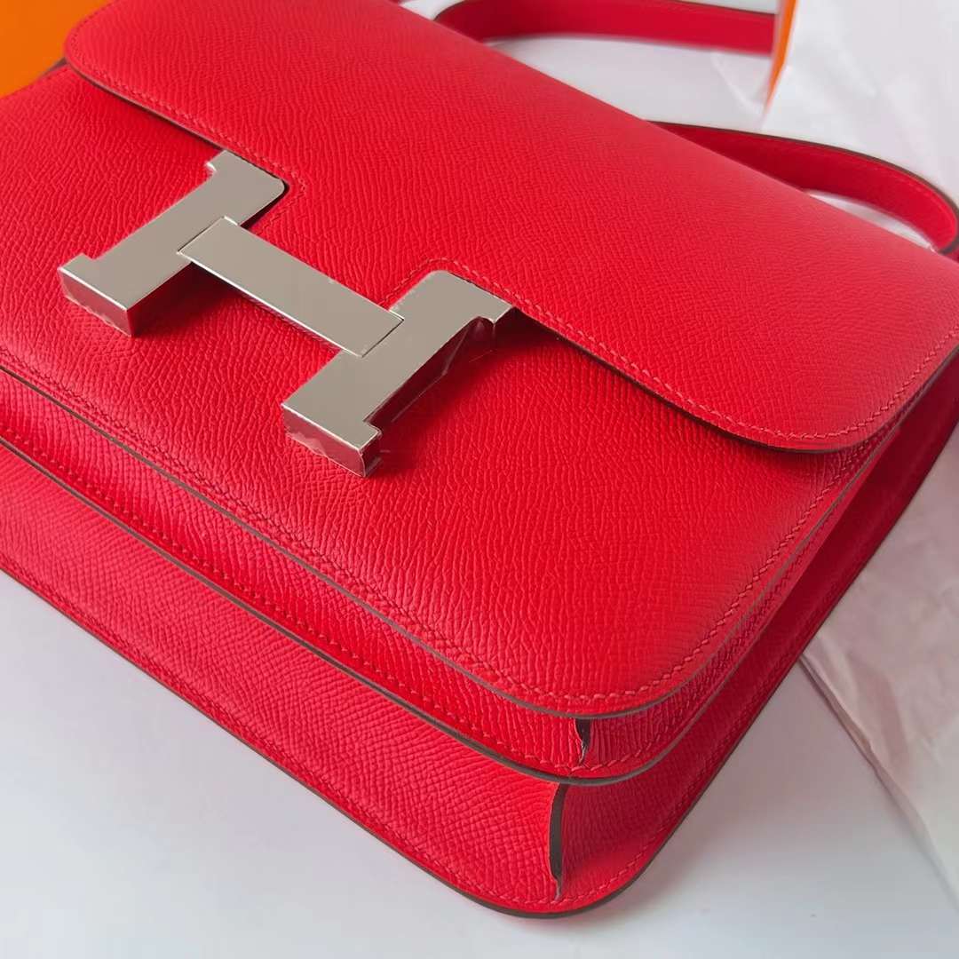 Hermès（爱马仕）Constance 空姐包 Epsom S3 心红色 银扣 24cm Phw 全手工蜡线缝