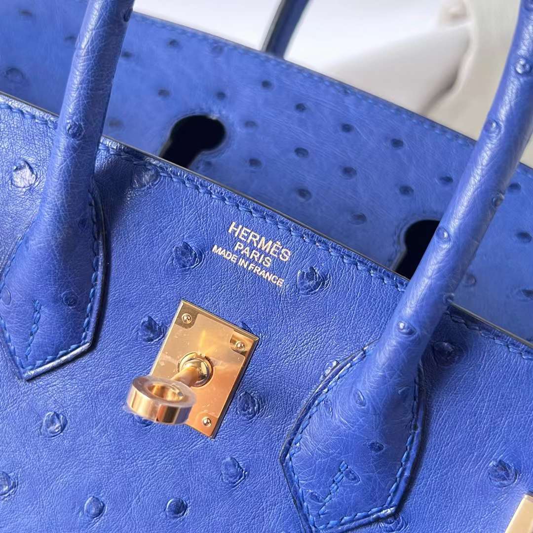 Hermès（爱马仕）Birkin 铂金包 Ostrich 进口鸵鸟皮 I7 琉璃蓝 金扣 25cm 全手工蜡线缝 Ghw