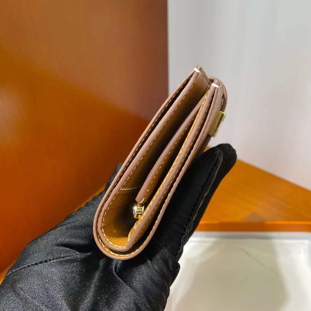 Hermès（爱马仕）Bearn 小H 短款钱包 Epsom Ck37 金棕色 金扣 全手工蜡线缝制