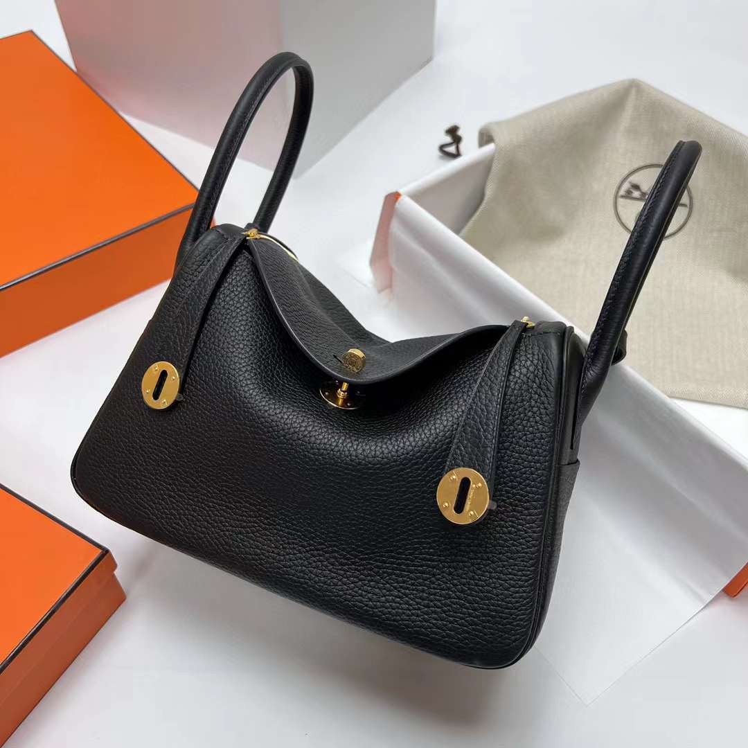 Hermès（爱马仕）Lindy 琳迪包 Clemence Ck89 黑色 金扣 26cm 全手工蜡线缝制 Ghw
