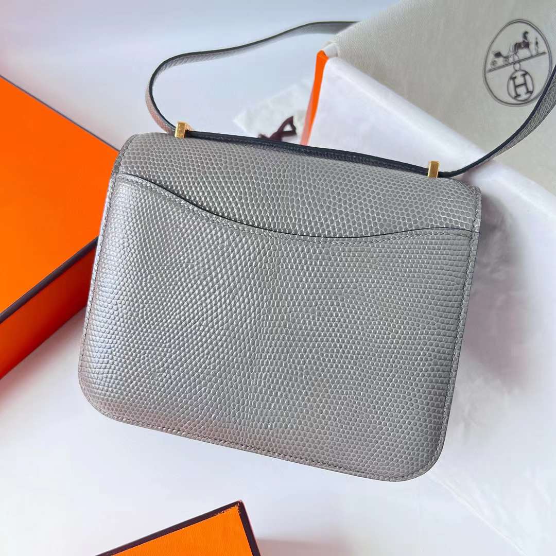 Hermès（爱马仕）Constance 空姐包 Lizard 进口蜥蜴皮 Ck81 斑鸠灰 金扣 19cm 全手工蜡线缝 Ghw