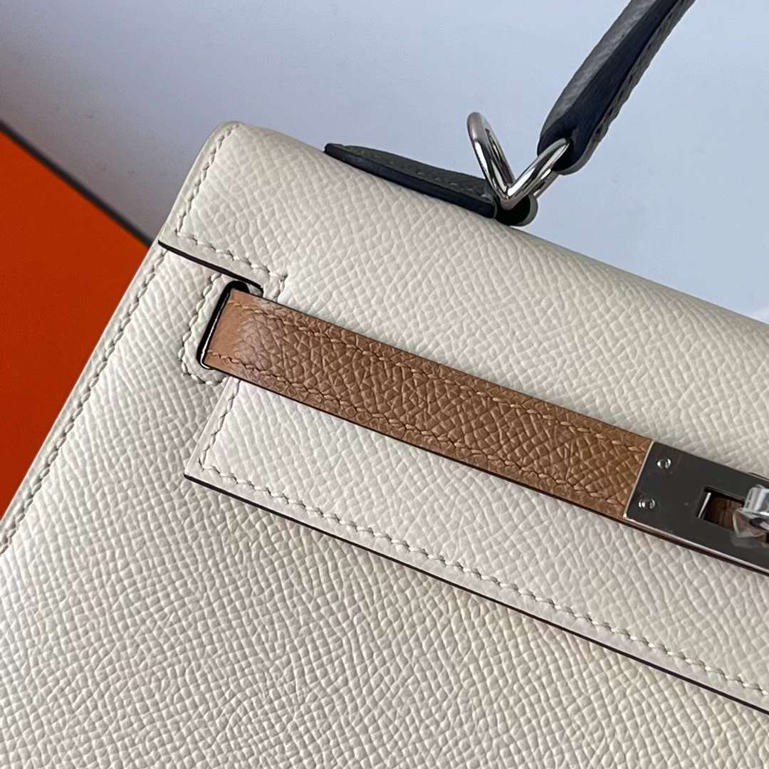 Hermès（爱马仕）Kelly 凯莉包 Epsom i2 奶油白 拼 0M 奶茶色 拼 0L 积雨云灰 银扣 25cm 全手工蜡线缝制 Phw