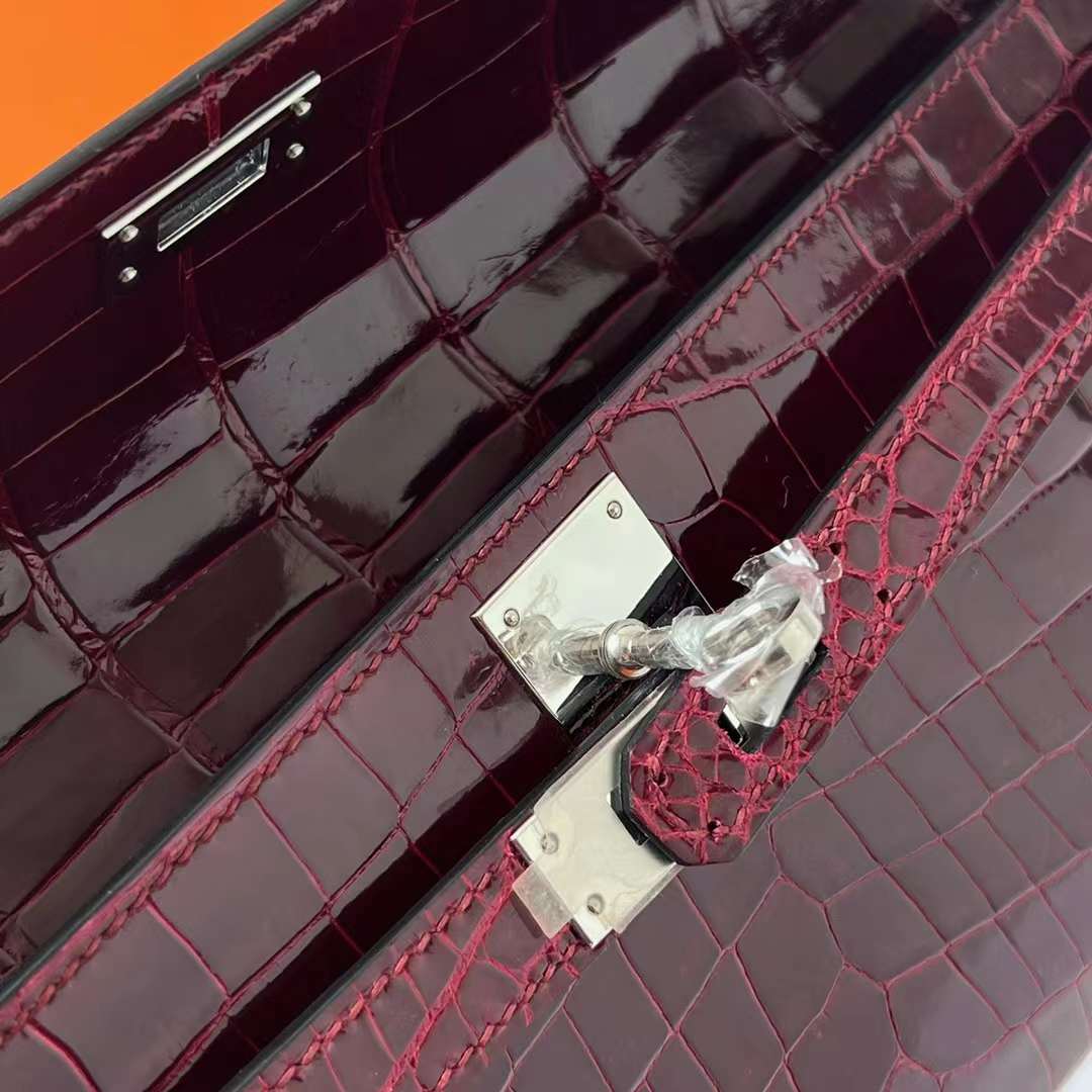 Hermès（爱马仕）Kelly cut 亮面倒v澳洲湾鳄 shiny porosus crocodile F5 勃艮第酒红 Bourgogne 银扣 31cm 全手工蜡线缝 Phw