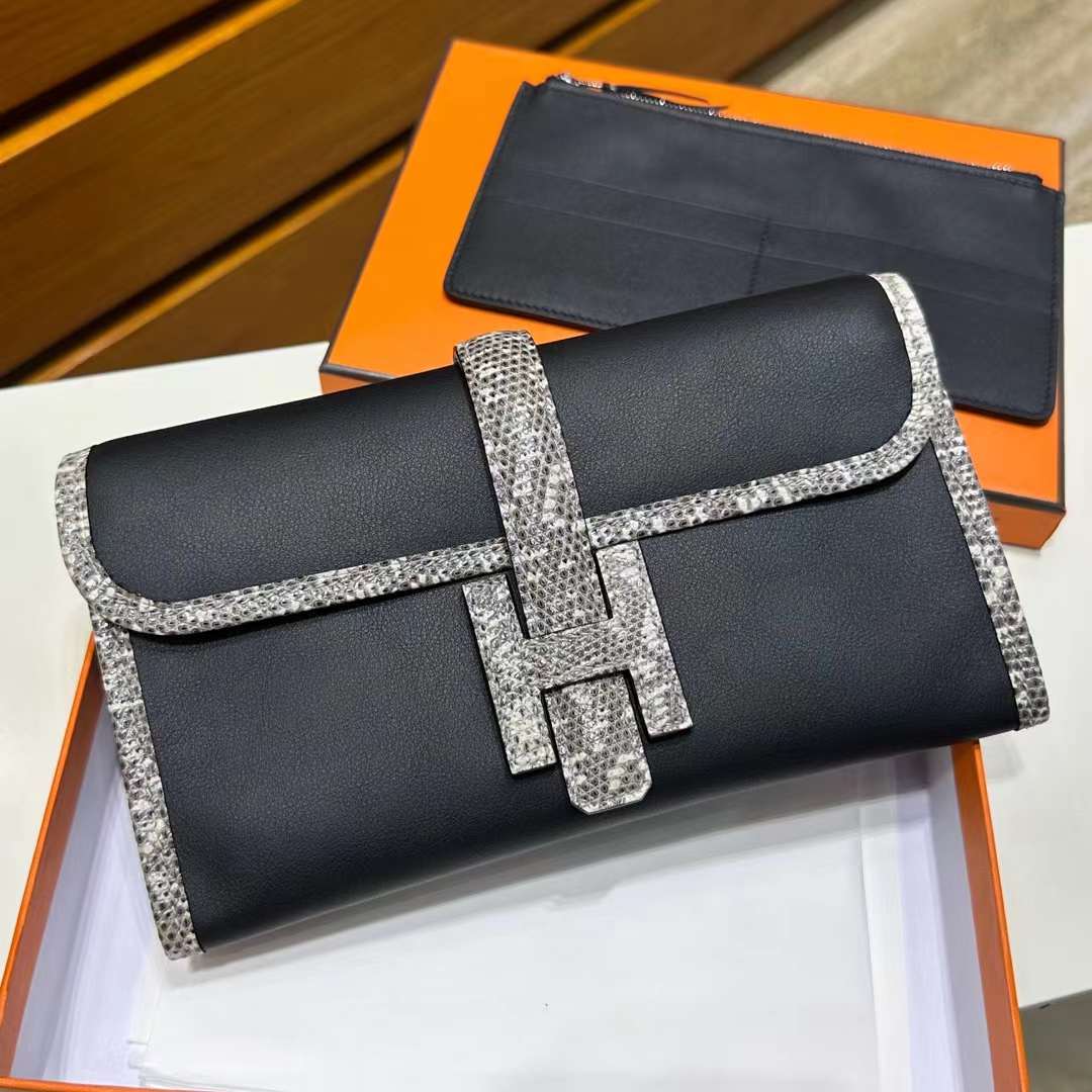 Hermès（爱马仕）Jige 钱包 Swift 拼 亮面蜥蜴皮 黑色 拼 自然色 22cm 全手工蜡线缝