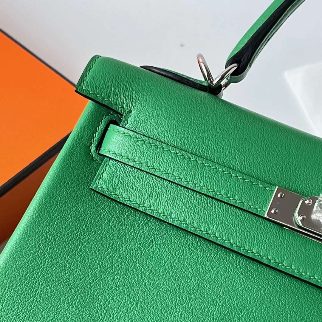 Hermès（爱马仕）Kelly 凯莉包 Swift 1K 竹子绿 bambou 银扣 25cm 全手工蜡线缝 Phw