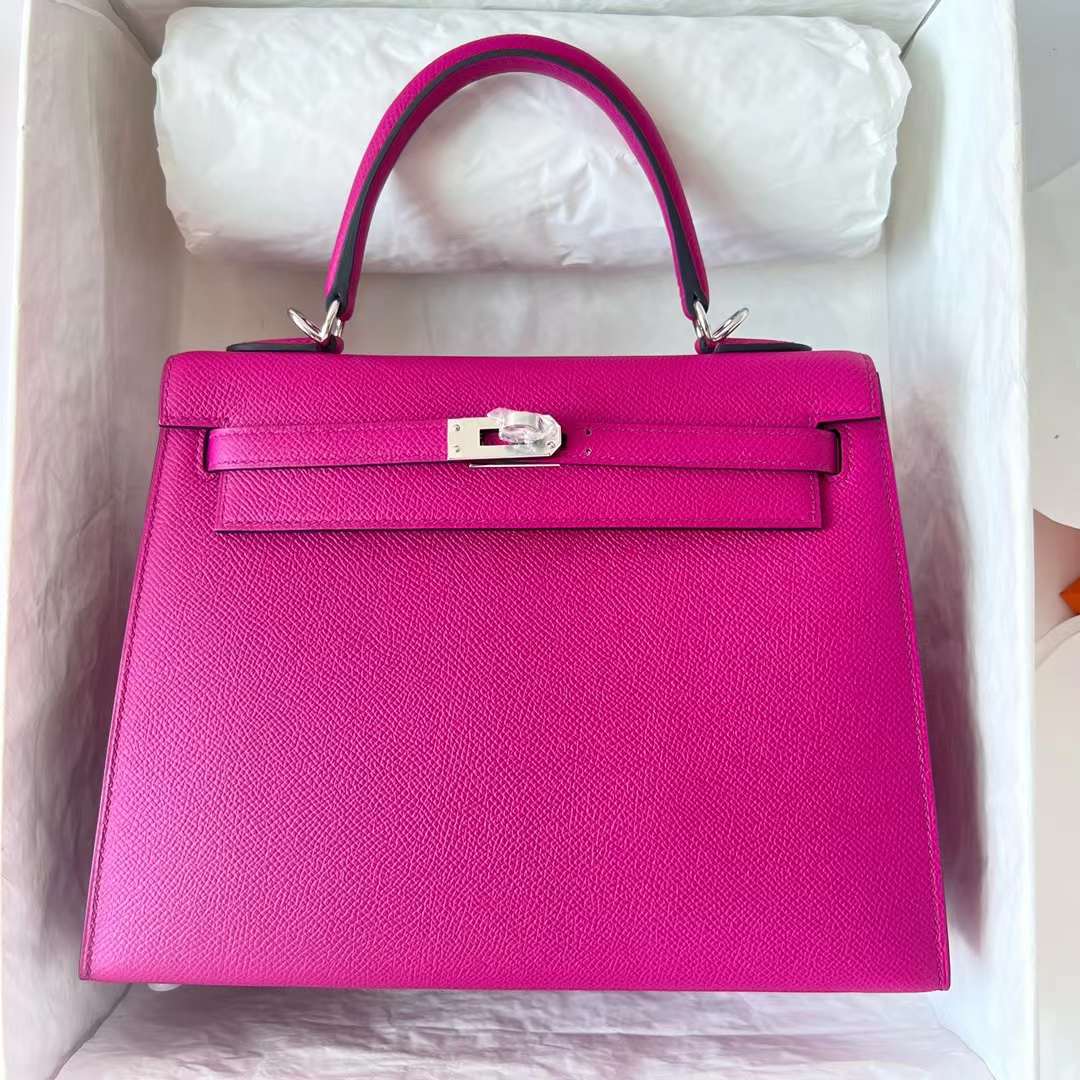 Hermès（爱马仕）Kelly 凯莉包 Epsom 进口掌纹皮 L3 玫瑰紫 银扣 25cm 全手工蜡线缝 Phw
