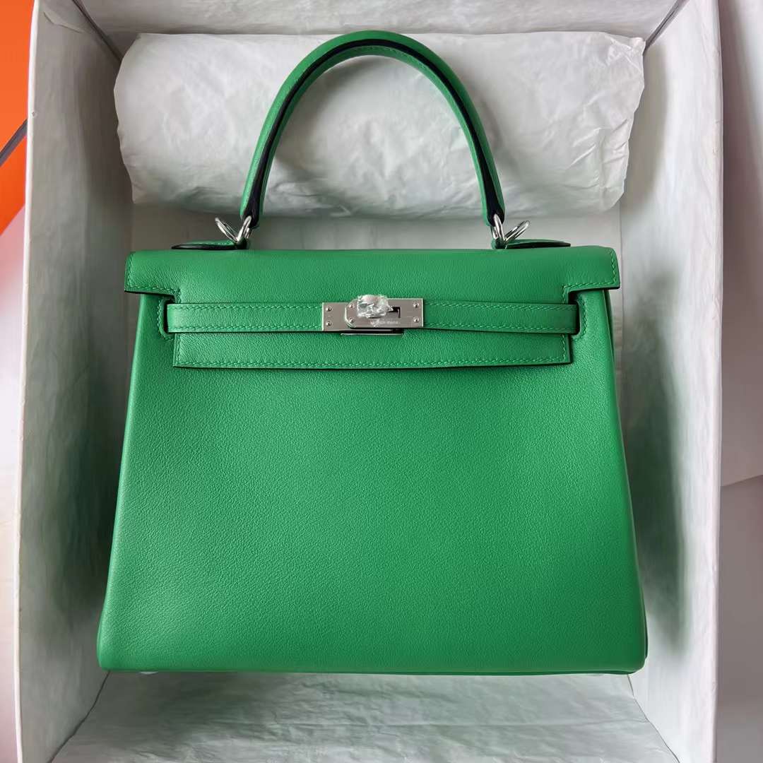 Hermès（爱马仕）Kelly 凯莉包 Swift 1K 竹子绿 bambou 银扣 25cm 全手工蜡线缝 Phw