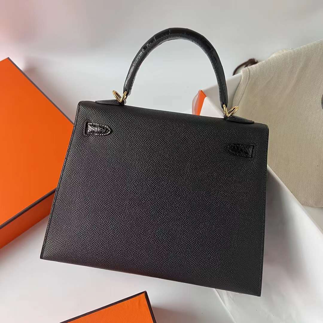 Hermès（爱马仕）Kelly 凯莉包 Touch Epsom 拼 亮面尼罗鳄鱼皮 Ck89 黑色 金扣 25cm 全手工蜡线缝 Ghw