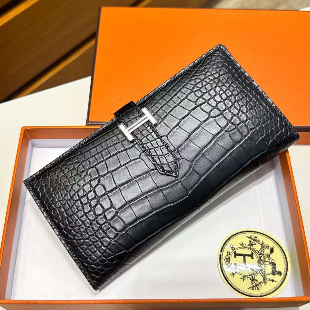 Hermès（爱马仕）Bearn Long 雾面美洲鳄鱼皮 Ck89 黑色 Noir 银扣 一级工艺 全手工蜡线缝 Phw
