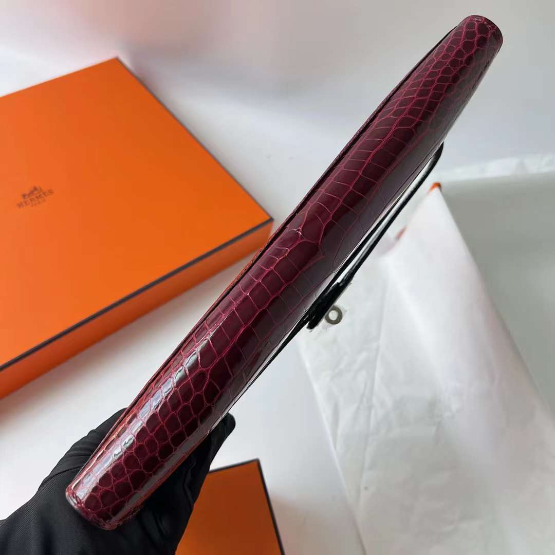 Hermès（爱马仕）Kelly cut 亮面倒v澳洲湾鳄 shiny porosus crocodile F5 勃艮第酒红 Bourgogne 银扣 31cm 全手工蜡线缝 Phw