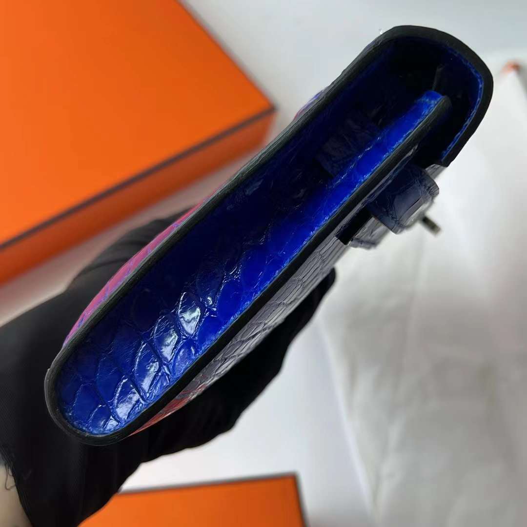 Hermès（爱马仕）Kelly cut 亮面倒v澳洲湾鳄 shiny porosus crocodile 7T 电光蓝 银扣 31cm 全手工蜡线缝 Phw