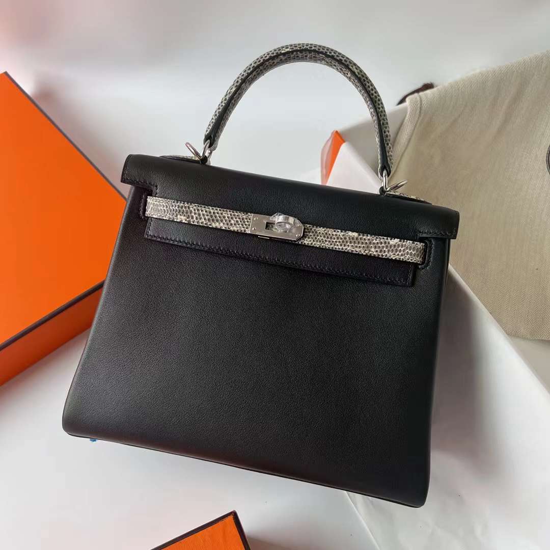 Hermès（爱马仕）Kelly 凯莉包 Touch Swift皮 拼 亮面蜥蜴皮 Ck89 黑色 拼 自然色 银扣 25cm 全手工蜡线缝 Phw