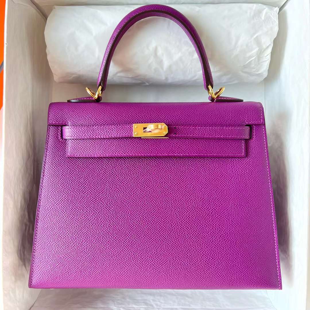 Hermès（爱马仕）Kelly 凯莉包 Epsom 进口手掌纹 P9 海葵紫 Anemone 银扣 25cm 全手工蜡线缝 Phw