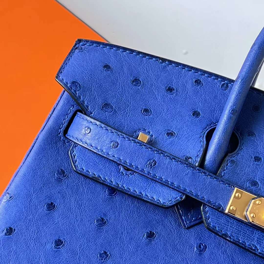 Hermès（爱马仕）Birkin 铂金包 Ostrich 进口鸵鸟皮 I7 琉璃蓝 金扣 25cm 全手工蜡线缝 Ghw