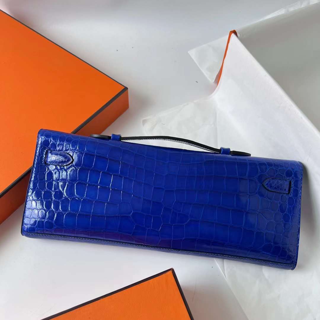 Hermès（爱马仕）Kelly cut 亮面倒v澳洲湾鳄 shiny porosus crocodile 7T 电光蓝 银扣 31cm 全手工蜡线缝 Phw