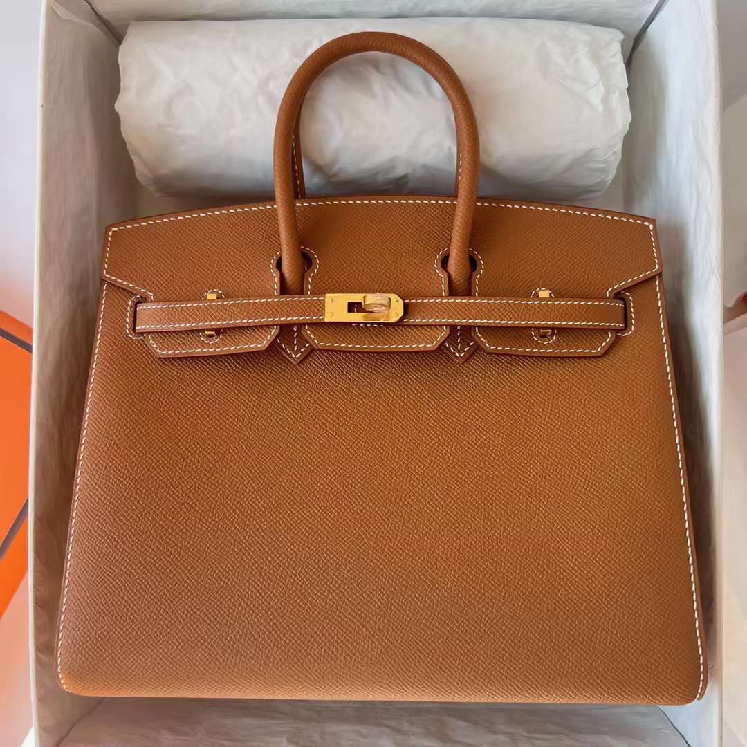 Hermès（爱马仕）Birkin 铂金包 Sellier Epsom Ck37 金棕色 金扣 25cm 全手工蜡线缝 Ghw