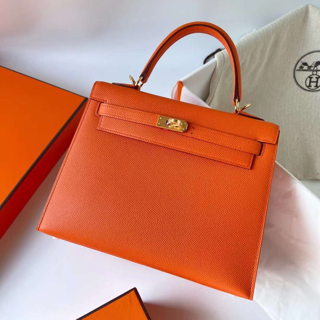 Hermès（爱马仕）Kelly 凯莉包 Epsom 进口手掌纹 Ck93 橙色 Orange 金扣 25cm 全手工蜡线缝 Ghw