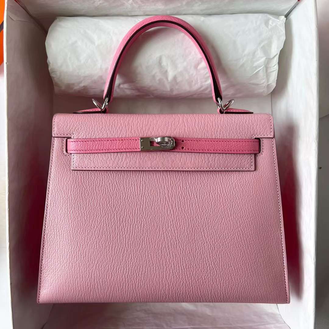 Hermès（爱马仕）Kelly 凯莉包 Chevre 进口山羊皮 3Q 新粉色 拼 1Q 奶昔粉 银扣 25cm 全手工蜡线缝 Phw