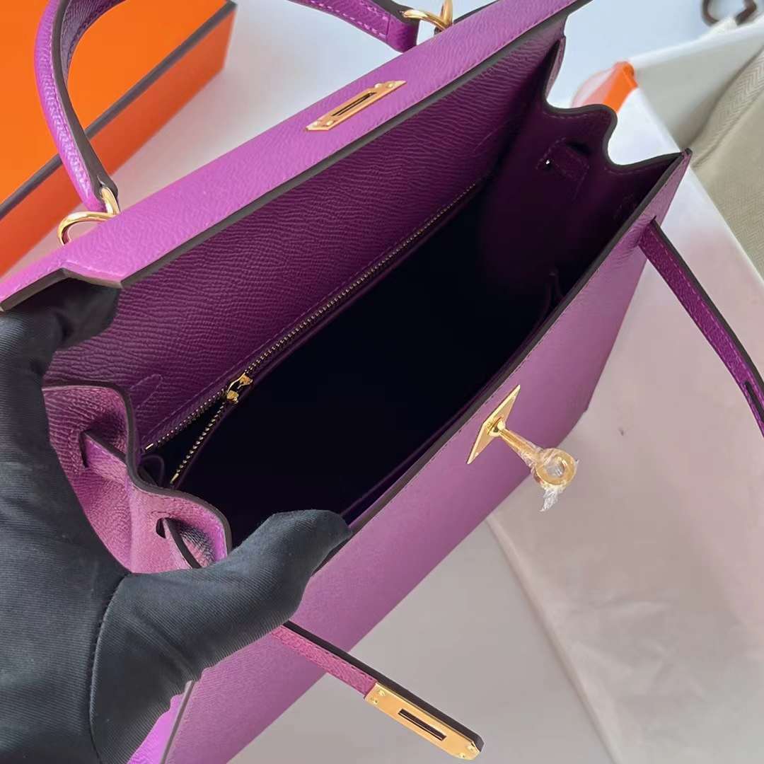 Hermès（爱马仕）Kelly 凯莉包 Epsom 进口手掌纹 P9 海葵紫 Anemone 银扣 25cm 全手工蜡线缝 Phw