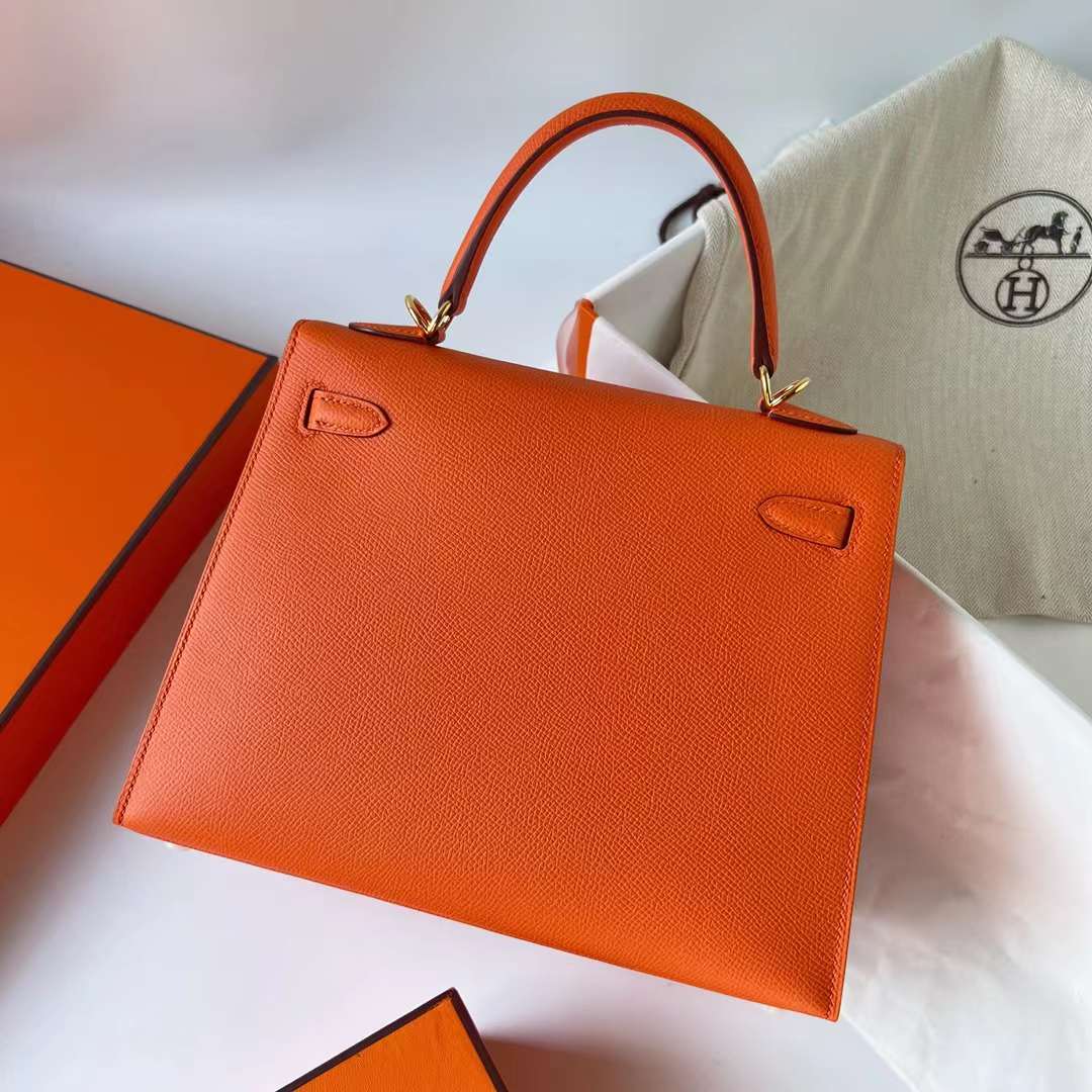 Hermès（爱马仕）Kelly 凯莉包 Epsom 进口手掌纹 Ck93 橙色 Orange 金扣 25cm 全手工蜡线缝 Ghw