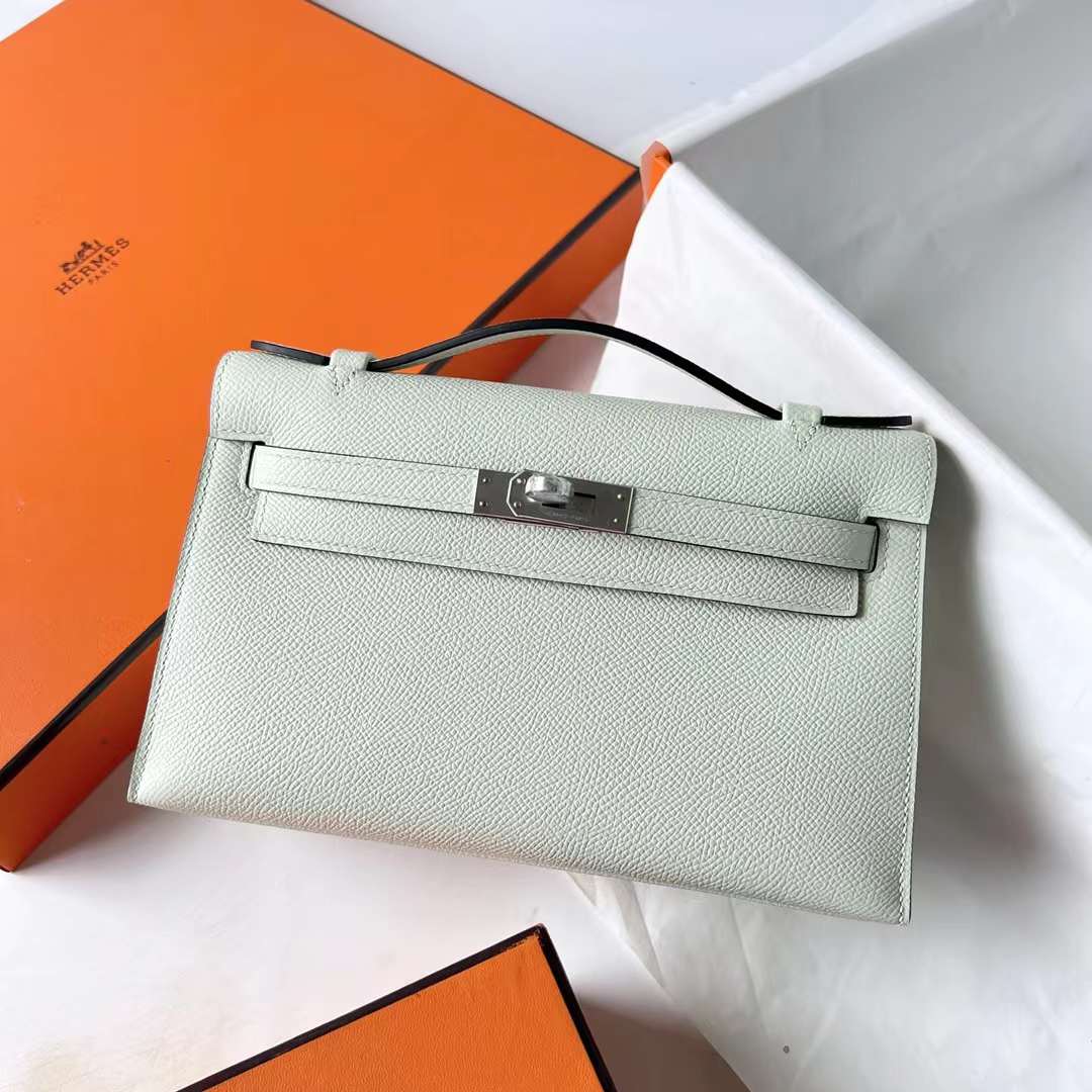 Hermès（爱马仕）Mini Kelly Pochette Epsom 0S 气泡绿 Vert Fizz 银扣 22cm 全手工蜡线缝 Phw
