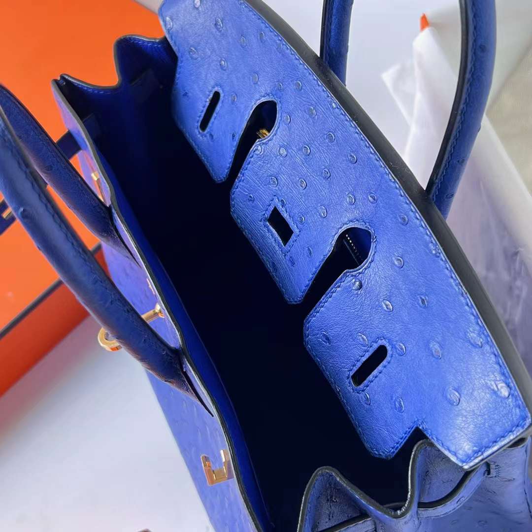 Hermès（爱马仕）Birkin 铂金包 Ostrich 进口鸵鸟皮 I7 琉璃蓝 金扣 25cm 全手工蜡线缝 Ghw