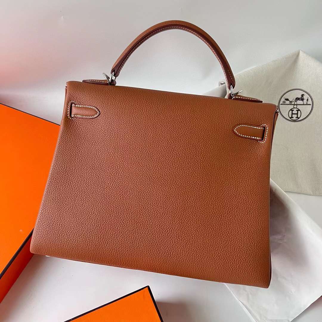 Hermès（爱马仕）Kelly 凯莉包 Togo 顶级小牛皮 Ck37 金棕色 银扣 32cm 全手工蜡线缝 Phw