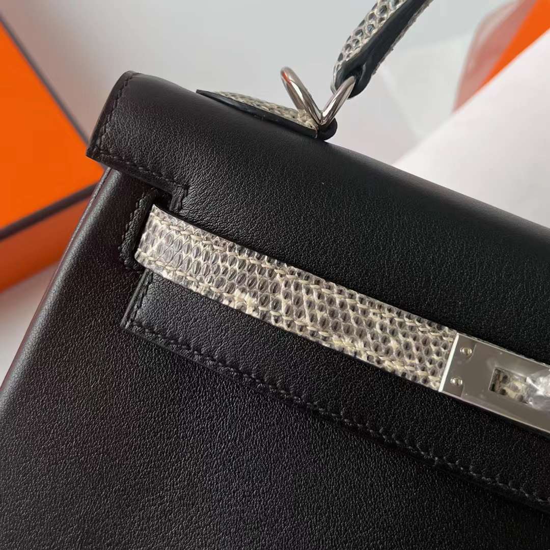 Hermès（爱马仕）Kelly 凯莉包 Touch Swift皮 拼 亮面蜥蜴皮 Ck89 黑色 拼 自然色 银扣 25cm 全手工蜡线缝 Phw