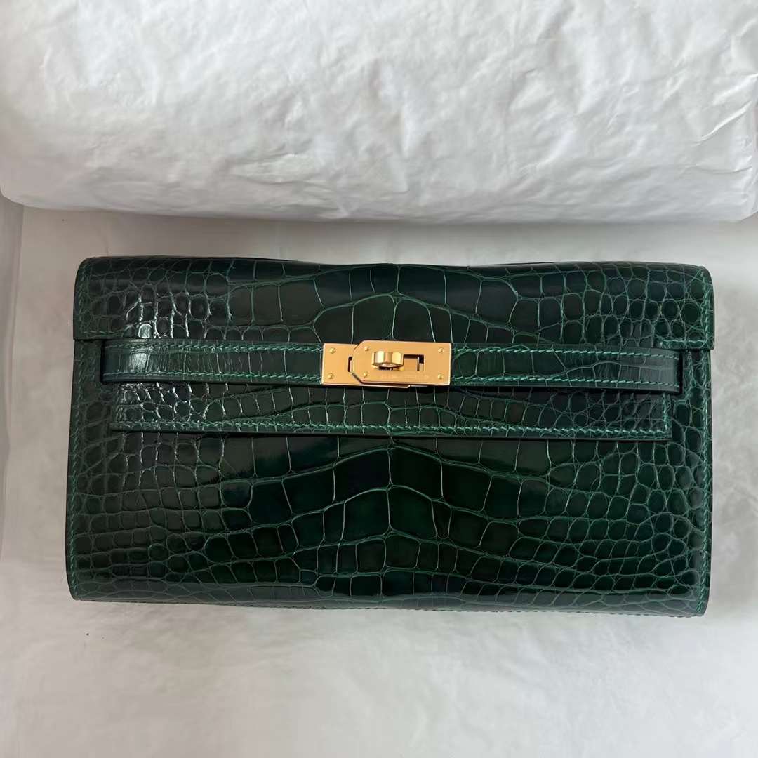 Hermès（爱马仕）Kelly to go 亮面美洲鳄鱼皮 Shiny Alligator Crocodile Ck67 祖母绿 金扣 20cm Ghw 全手工蜡线缝