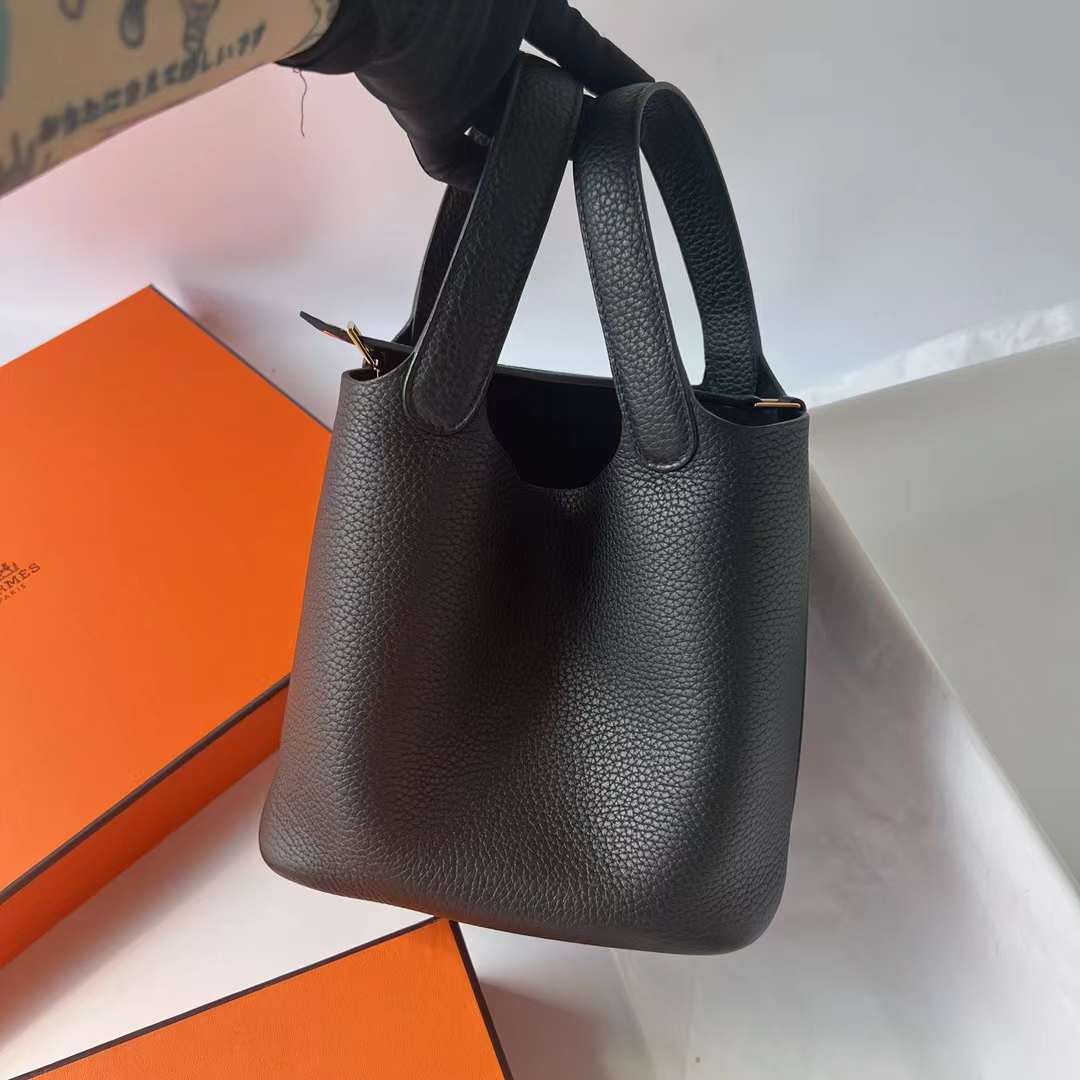 Hermès（爱马仕）Picotin 菜篮子 Clemence 进口大牛皮 Ck89 黑色 金扣 18cm 全手工蜡线缝制 Ghw