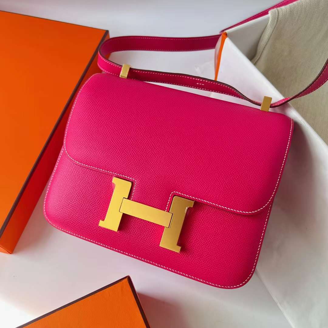 Hermès（爱马仕）Constance 空姐包 Epsom E5 桃红色 Rose Tyrien 金扣 24cm Ghw 全手工蜡线缝