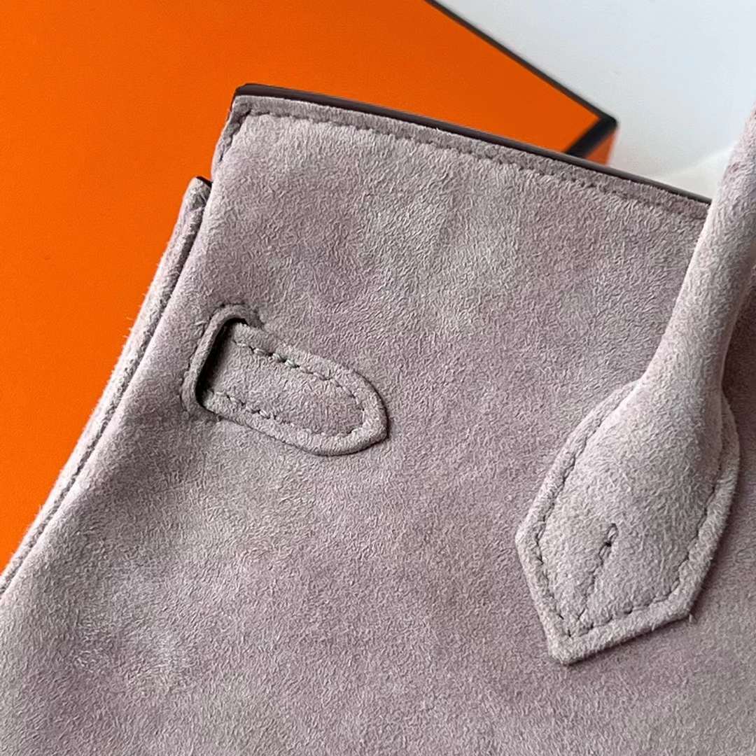 Hermès（爱马仕）Birkin 铂金包 Suede 进口羊皮反绒 麂皮 M8 沥青灰 银扣 25cm 全手工蜡线缝 Phw